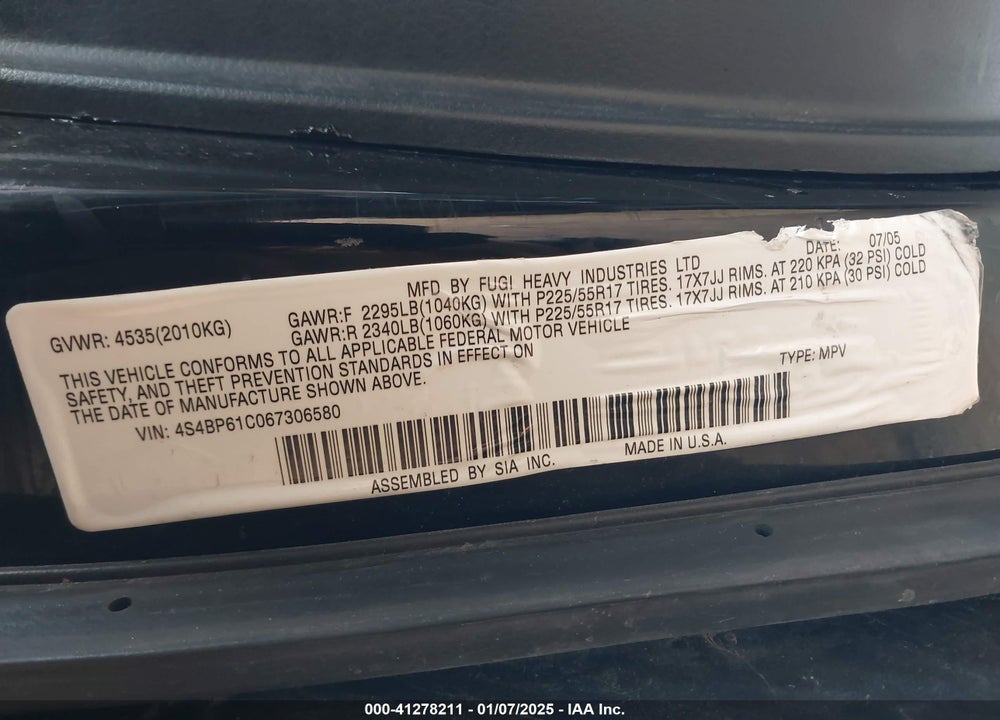 2006 SUBARU OUTBACK VIN: 4S4BP61C067306580