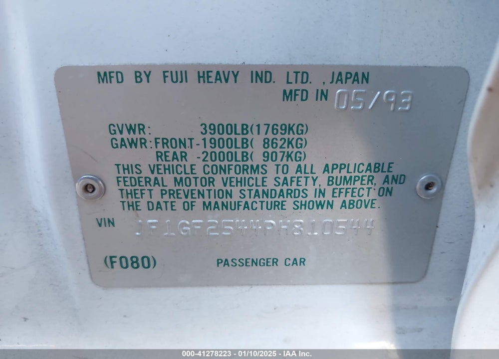 1993 SUBARU IMPREZA LS VIN: JF1GF2544PH810544