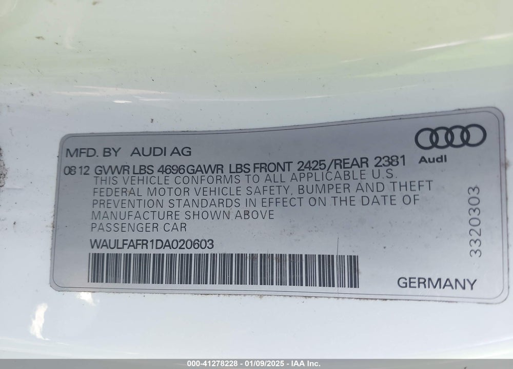 2013 AUDI A5 VIN: WAULFAFR1DA020603