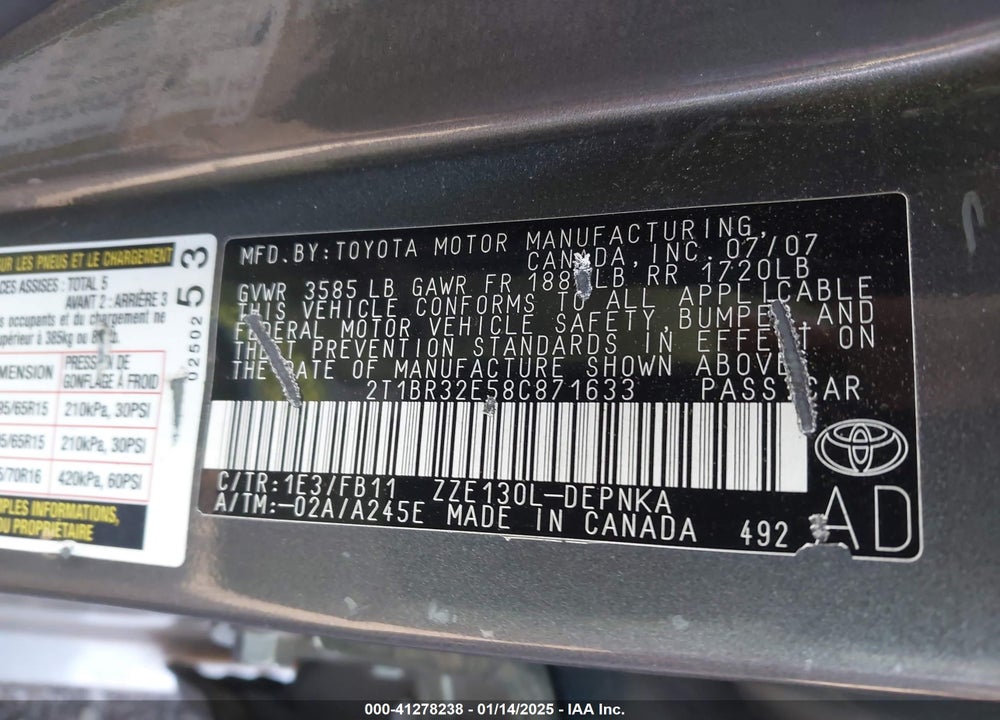 2008 TOYOTA COROLLA LE VIN: 2T1BR32E58C871633
