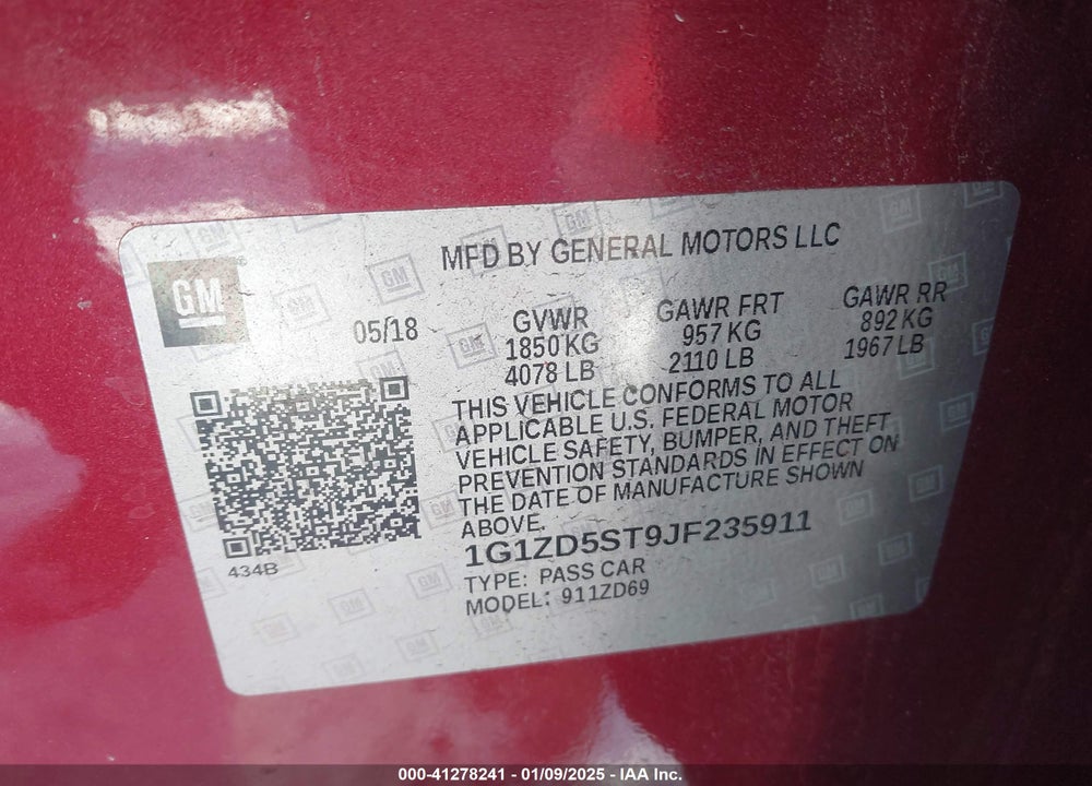 2018 CHEVROLET MALIBU VIN: 1G1ZD5ST9JF235911