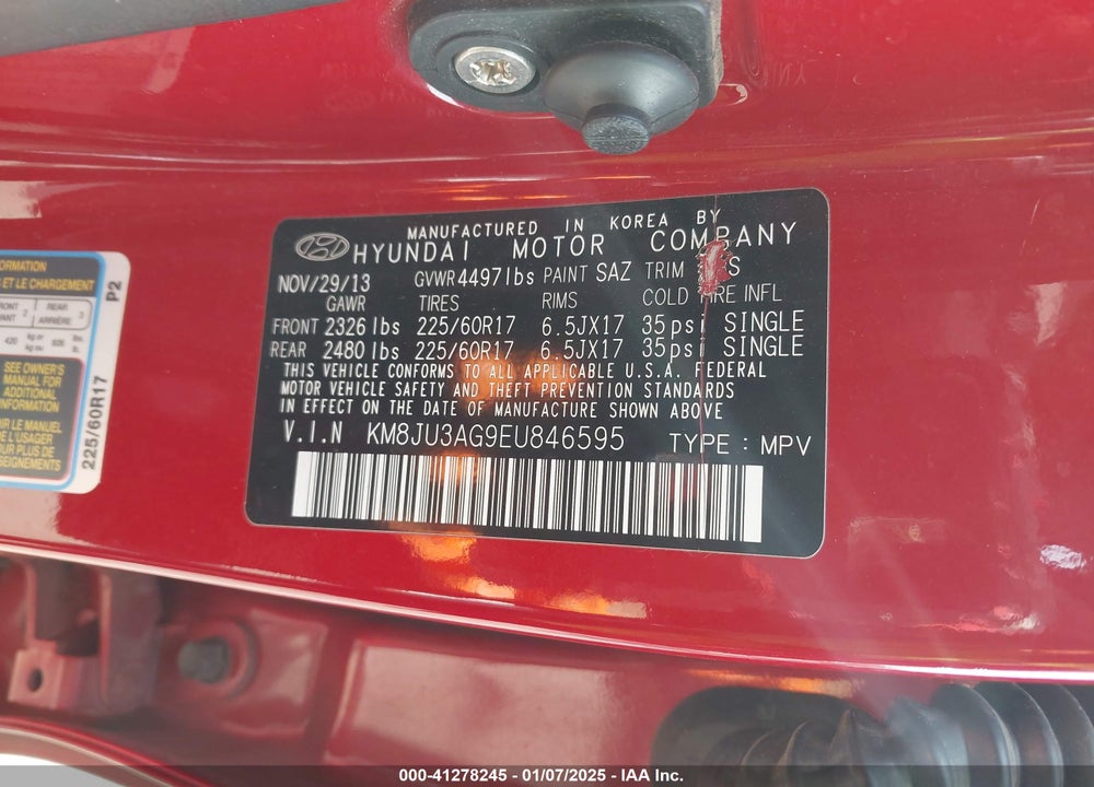 2014 HYUNDAI TUCSON SE VIN: KM8JU3AG9EU846595