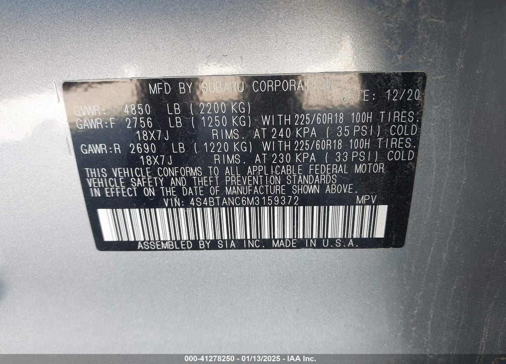 2021 SUBARU OUTBACK LIMITED VIN: 4S4BTANC6M3159372