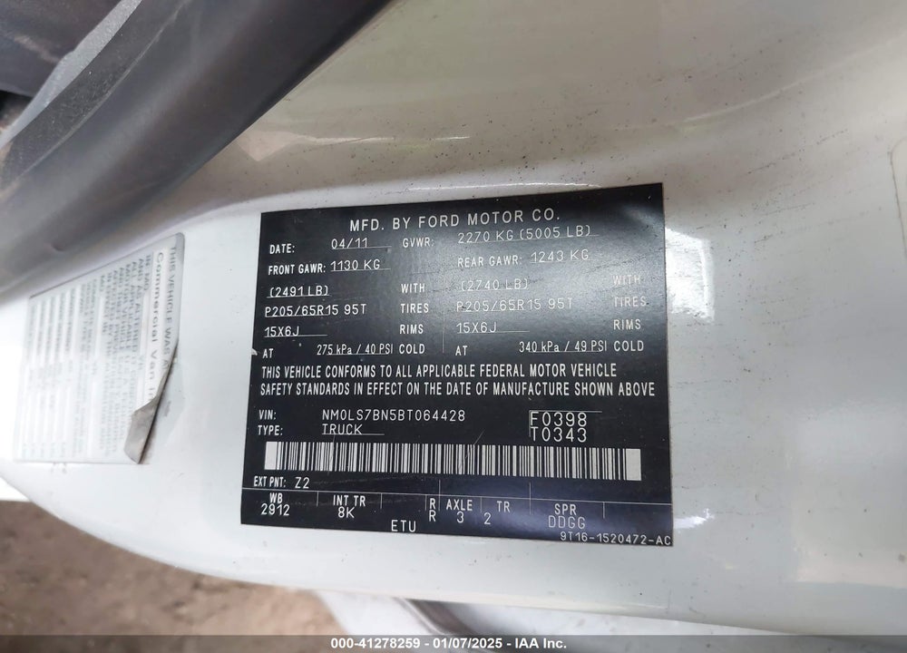 2011 FORD TRANSIT CONNECT XLT VIN: NM0LS7BN5BT064428