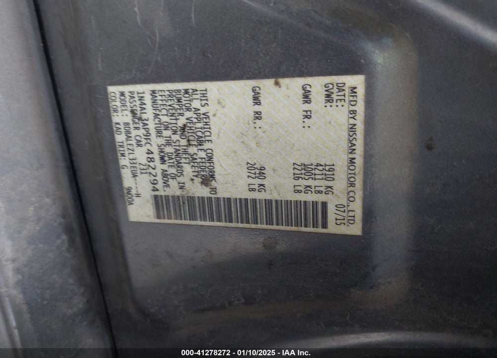 2015 NISSAN ALTIMA VIN: 1N4AL3AP9FC482294