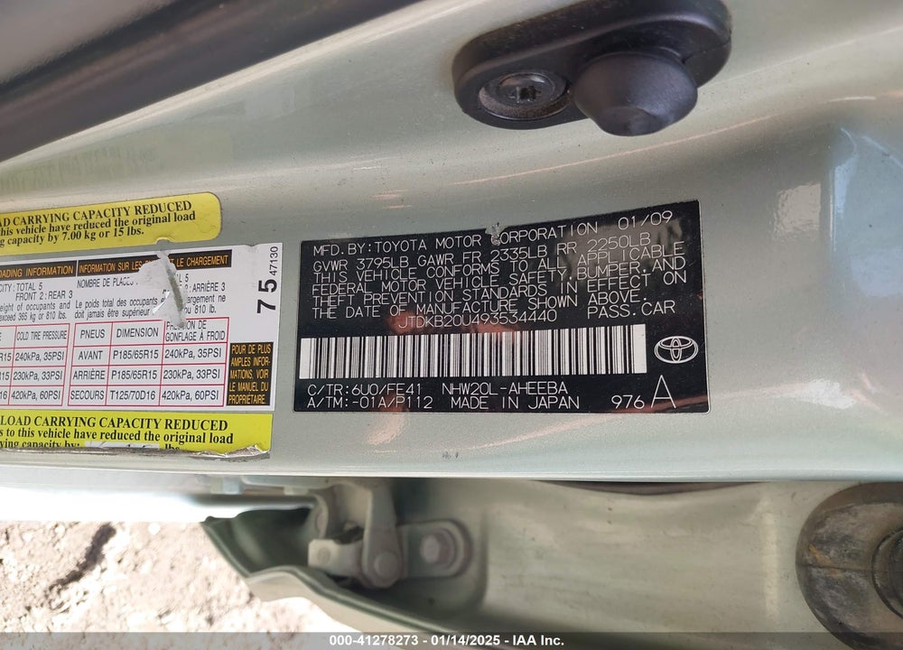 2009 TOYOTA PRIUS VIN: JTDKB20U493534440