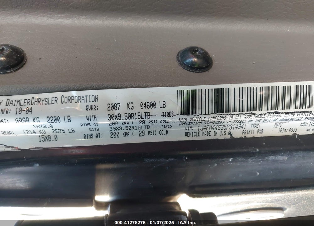 2005 JEEP WRANGLER / VIN: 1J4FA44S35P314941