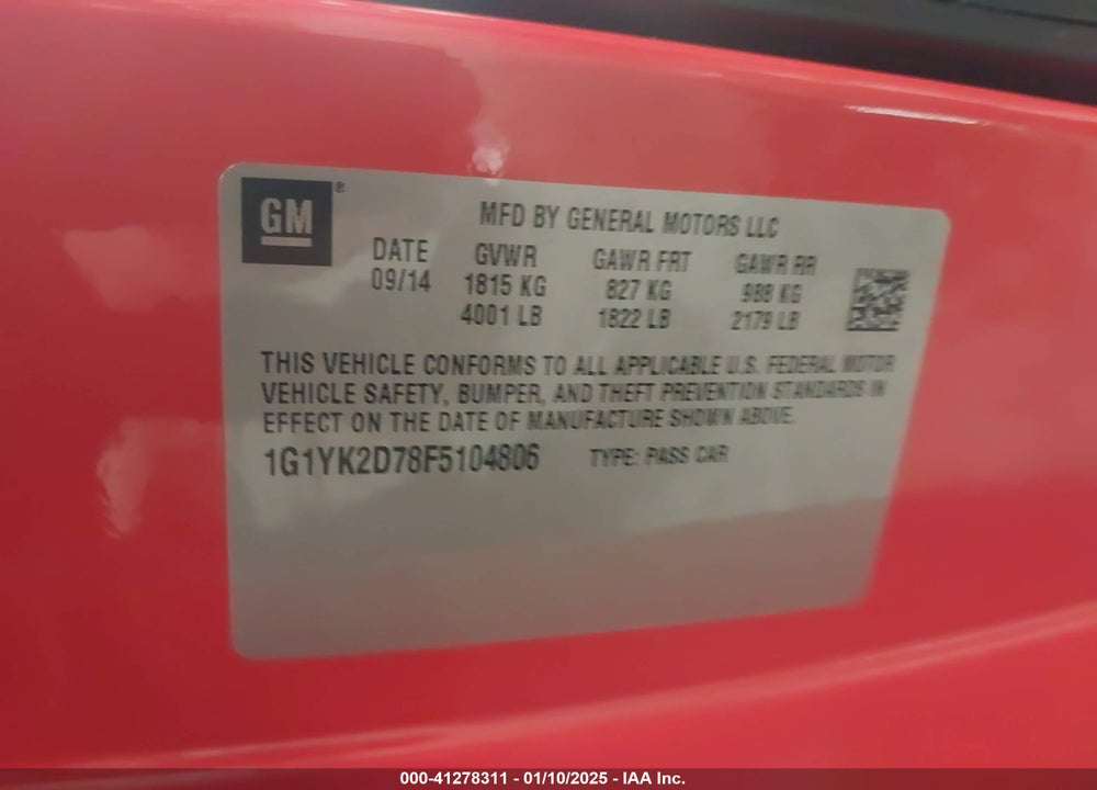 2015 CHEVROLET CORVETTE VIN: 1G1YK2D78F5104806