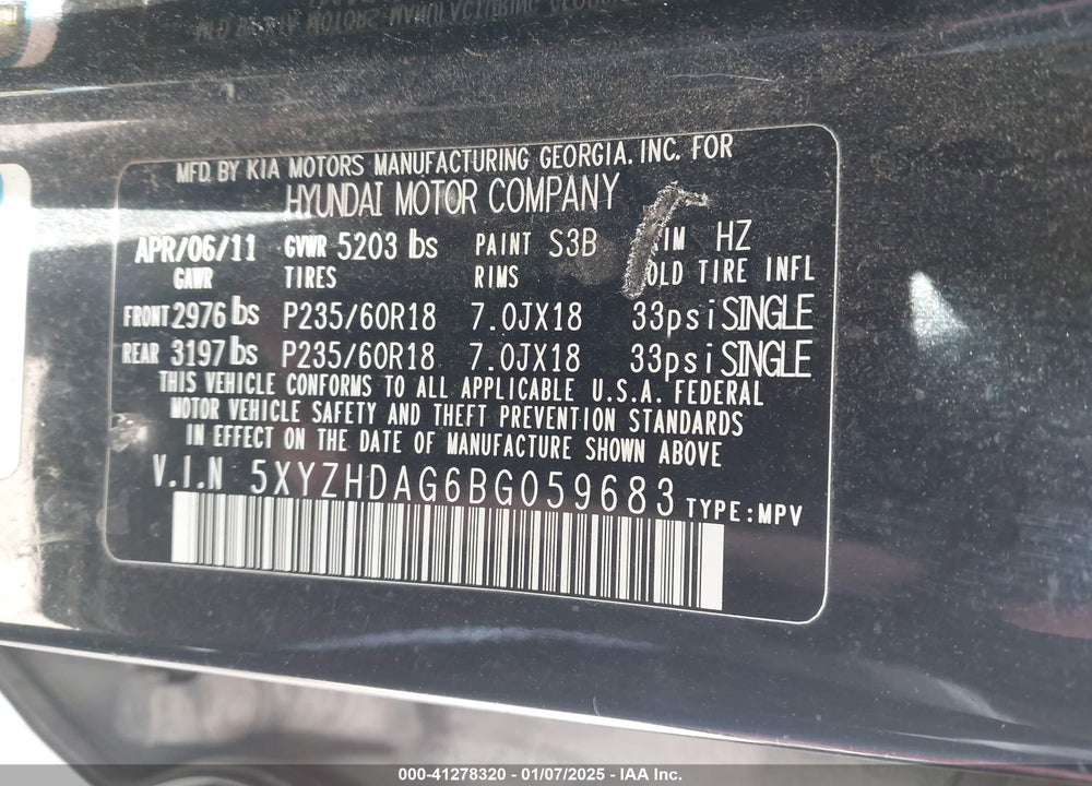 2011 HYUNDAI SANTA FE SE VIN: 5XYZHDAG6BG059683