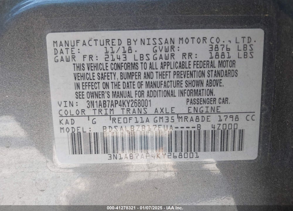 2019 NISSAN SENTRA S VIN: 3N1AB7AP4KY268001