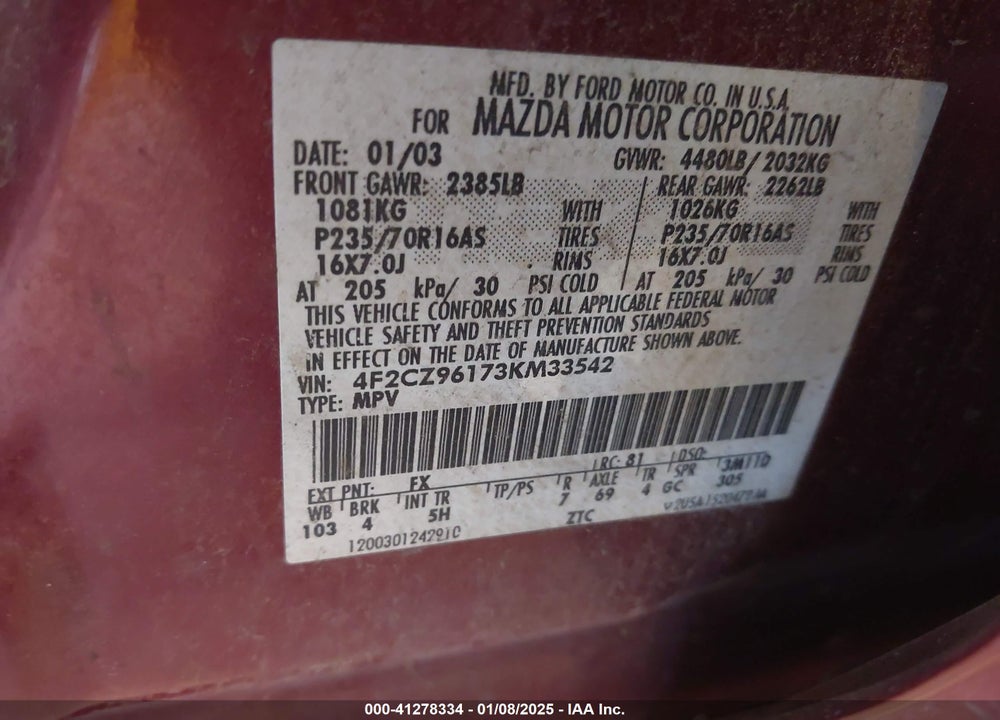 2003 MAZDA TRIBUTE ES V6 VIN: 4F2CZ96173KM33542