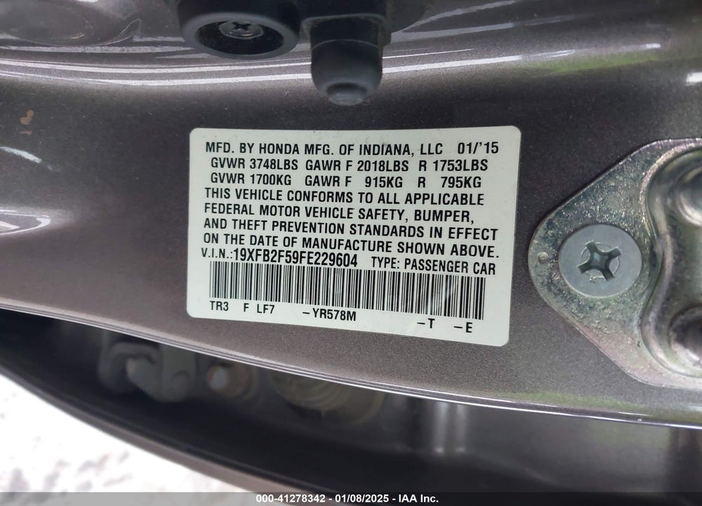 2015 HONDA CIVIC LX VIN: 19XFB2F59FE229604