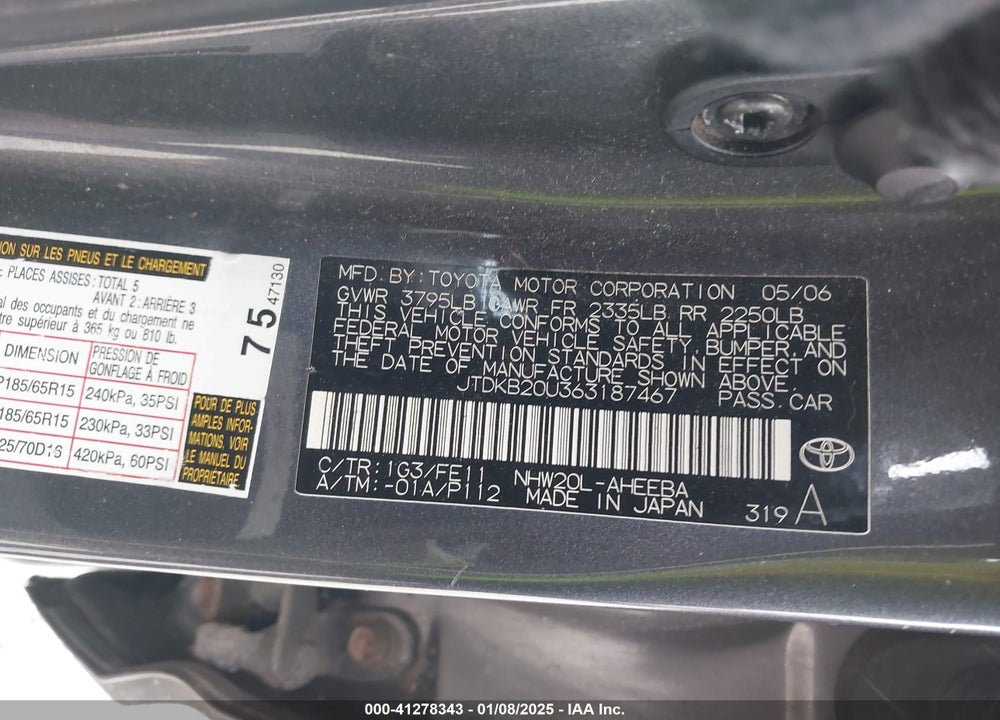 2006 TOYOTA PRIUS VIN: JTDKB20U363187467