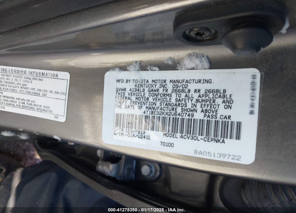 2002 TOYOTA CAMRY LE VIN: 4T1BE32KX2U640749