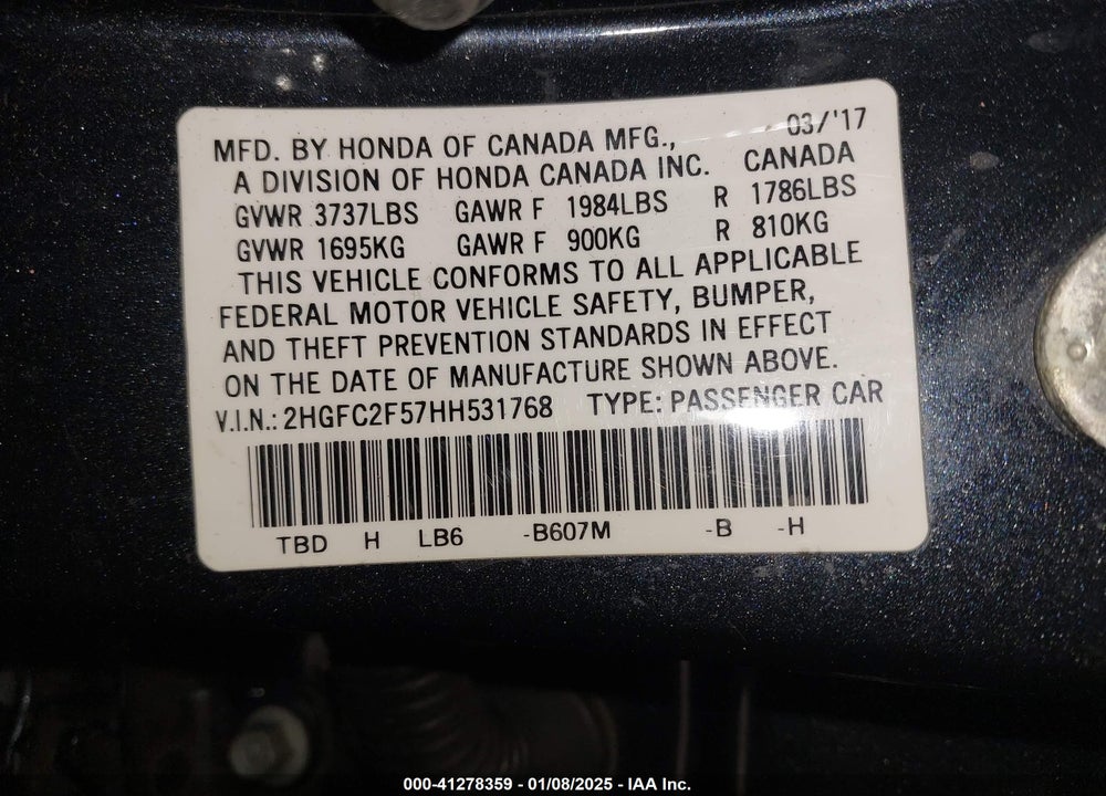 2017 HONDA CIVIC VIN: 2HGFC2F57HH531768