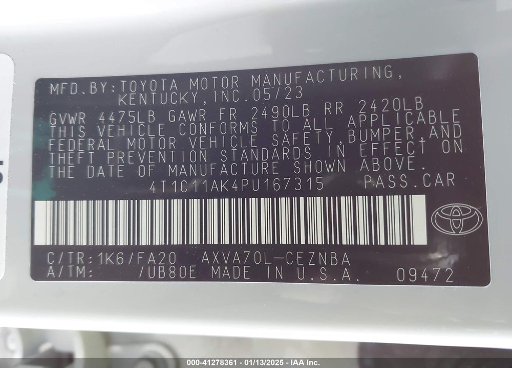 2023 TOYOTA CAMRY VIN: 4T1C11AK4PU167315
