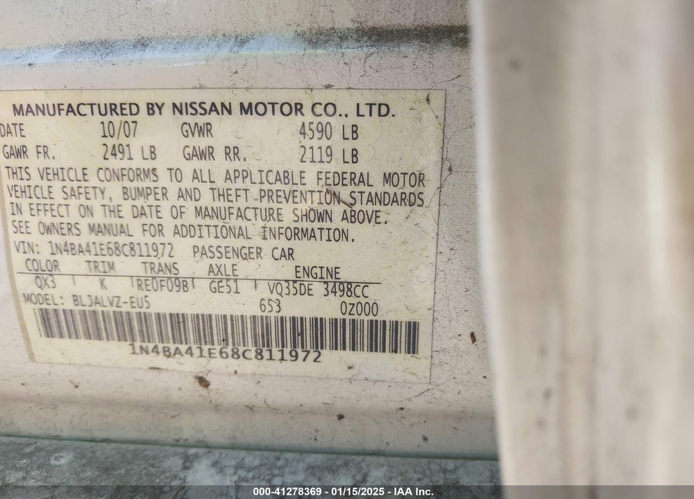 2008 NISSAN MAXIMA VIN: 1N4BA41E68C811972