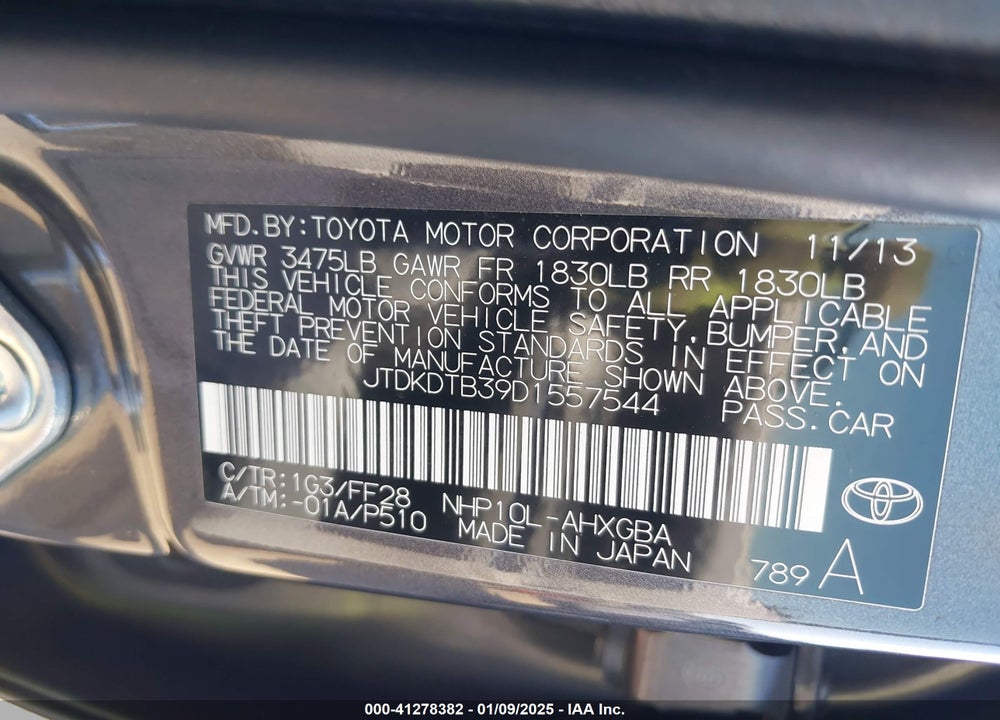 2013 TOYOTA PRIUS C THREE VIN: JTDKDTB39D1557544