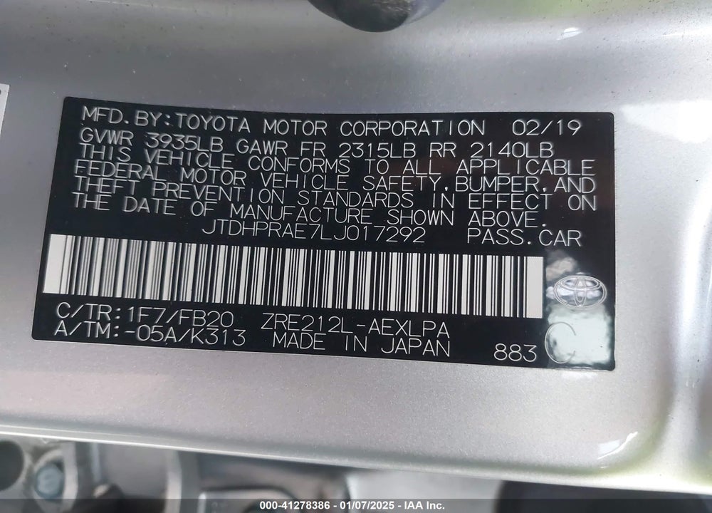 2020 TOYOTA COROLLA LE VIN: JTDHPRAE7LJ017292