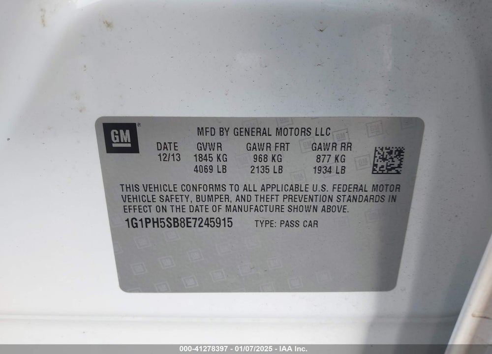 2014 CHEVROLET CRUZE VIN: 1G1PH5SB8E7245915