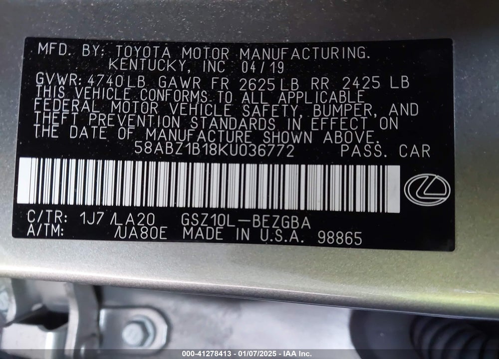 2019 LEXUS ES 350 VIN: 58ABZ1B18KU036772