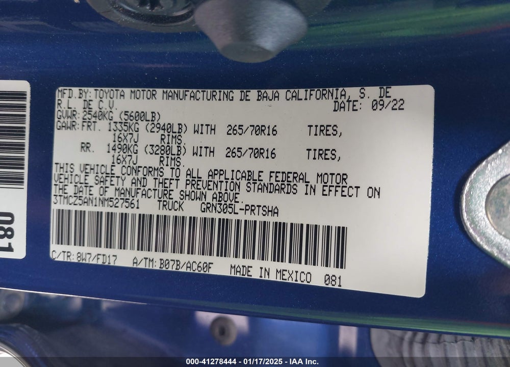 2022 TOYOTA TACOMA VIN: 3TMCZ5AN1NM527561