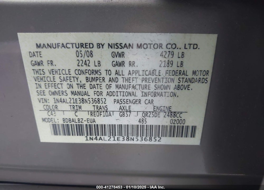 2008 NISSAN ALTIMA 2.5 S VIN: 1N4AL21E38N536852