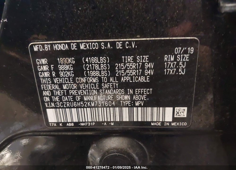 2019 HONDA HR-V EX VIN: 3CZRU6H52KM731604