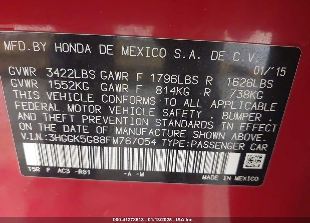 2015 HONDA FIT EX VIN: 3HGGK5G88FM767054