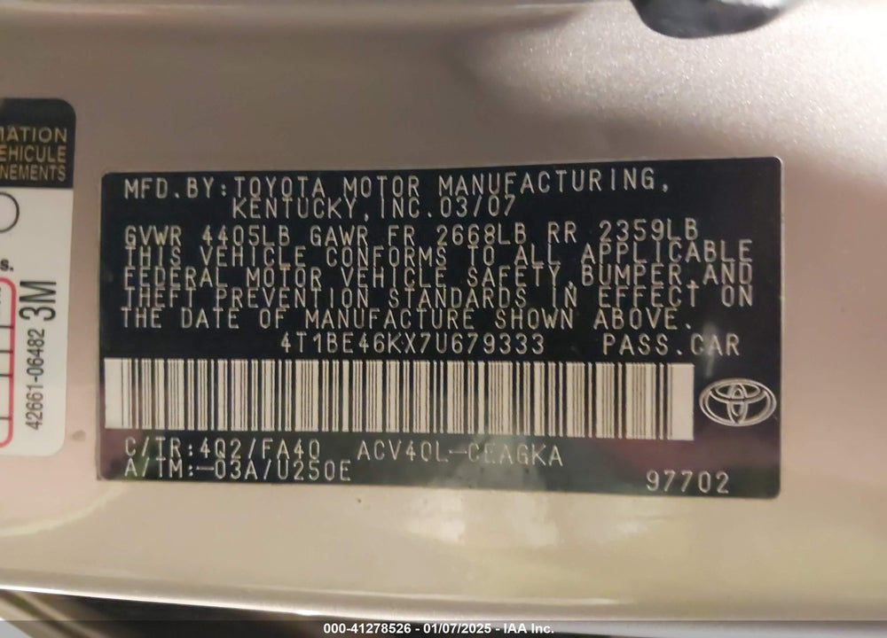 2007 TOYOTA CAMRY XLE VIN: 4T1BE46KX7U679333