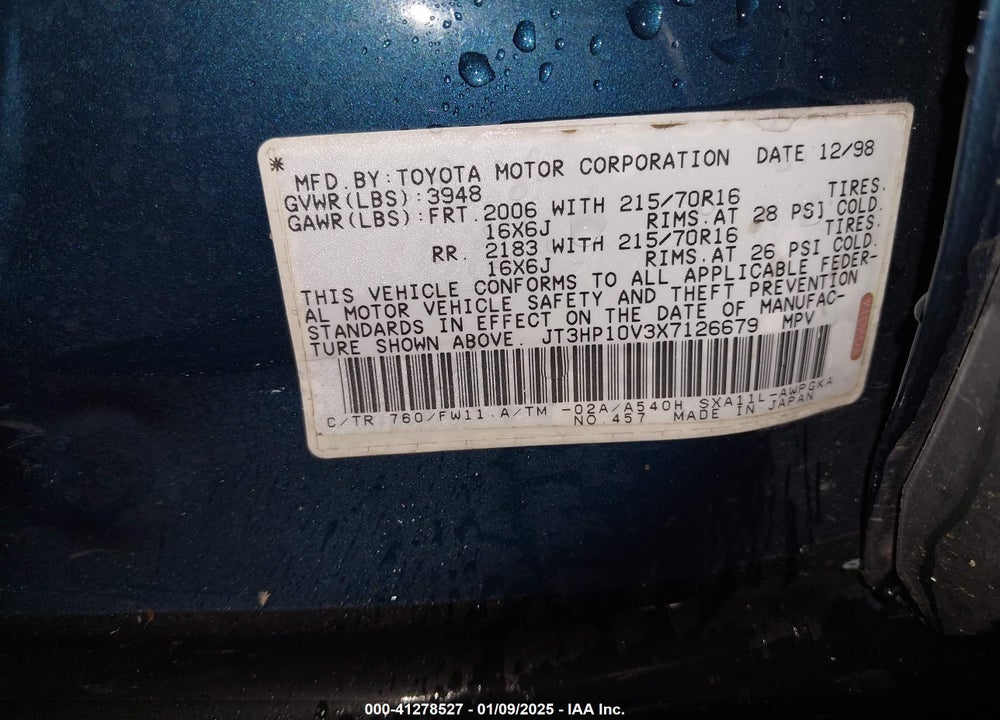 1999 TOYOTA RAV4 VIN: JT3HP10V3X7126679