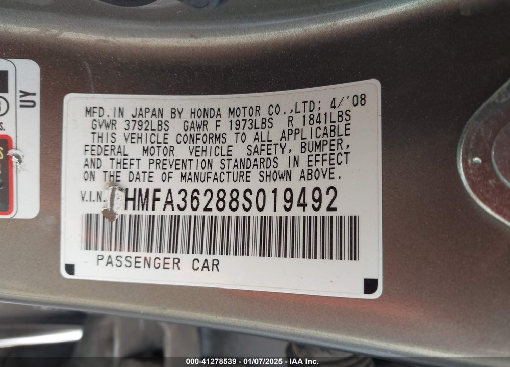 2008 HONDA CIVIC HYBRID VIN: JHMFA36288S019492