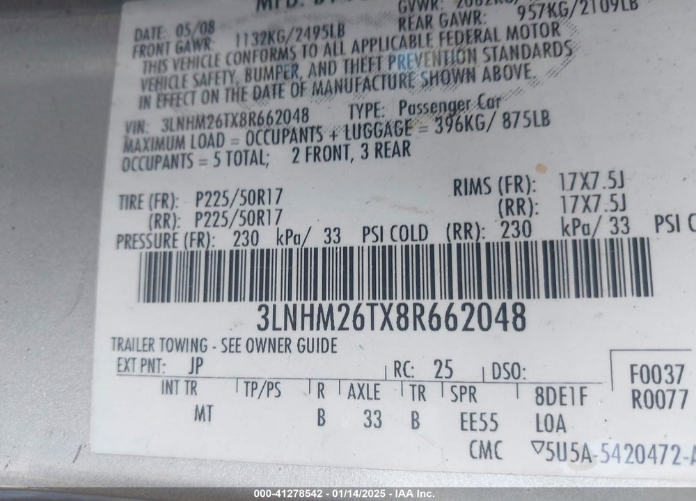 2008 LINCOLN MKZ VIN: 3LNHM26TX8R662048