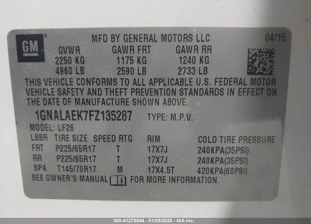 2015 CHEVROLET EQUINOX LS VIN: 1GNALAEK7FZ135287