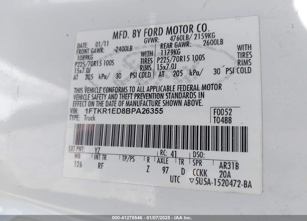 2011 FORD RANGER XLT VIN: 1FTKR1ED8BPA26355
