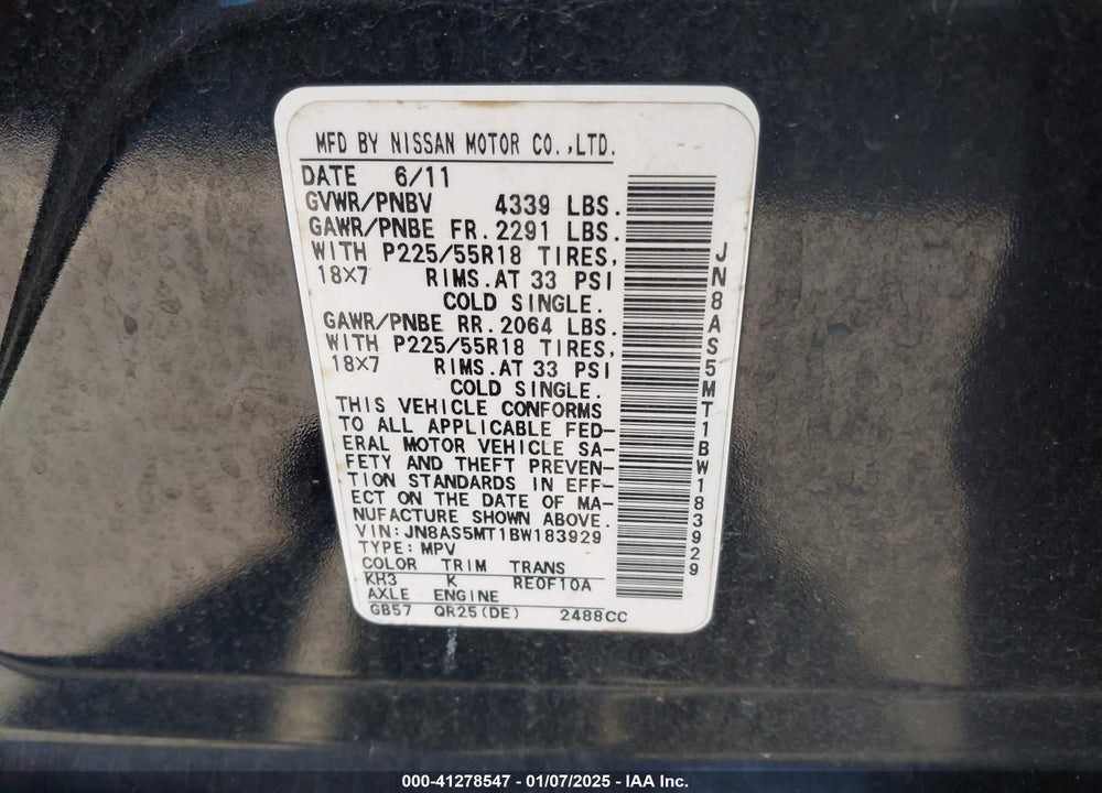 2011 NISSAN ROGUE SV VIN: JN8AS5MT1BW183929
