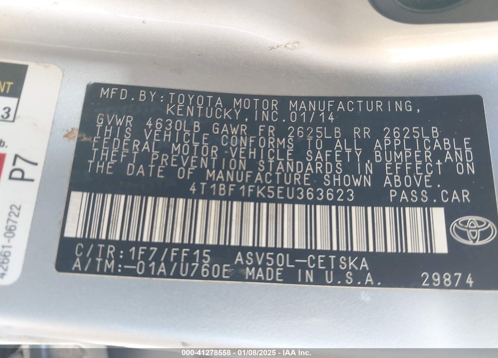 2014 TOYOTA CAMRY VIN: 4T1BF1FK5EU363623