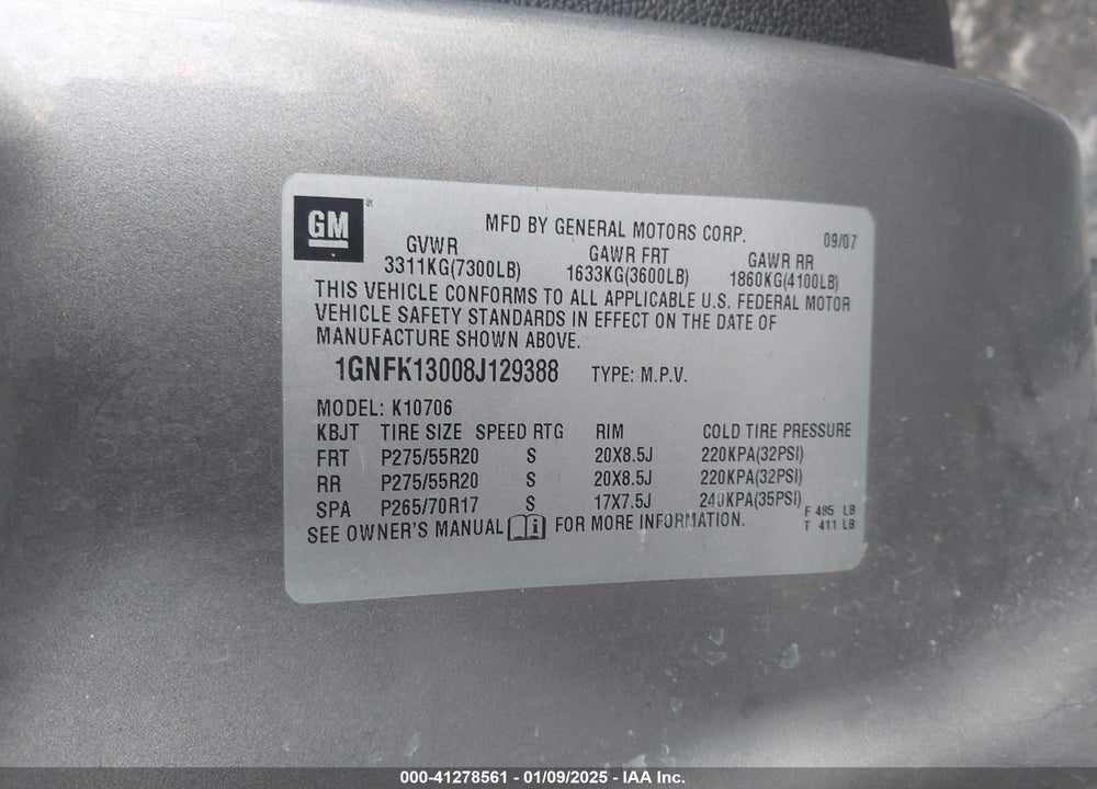 2008 CHEVROLET TAHOE LTZ VIN: 1GNFK13008J129388