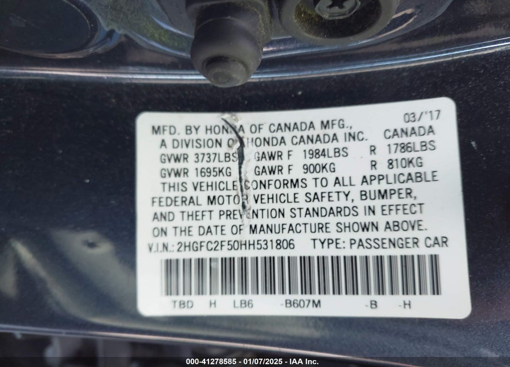 2017 HONDA CIVIC VIN: 2HGFC2F50HH531806