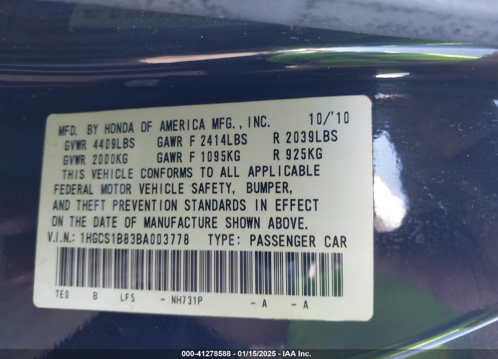 2011 HONDA ACCORD 2.4 EX-L VIN: 1HGCS1B83BA003778