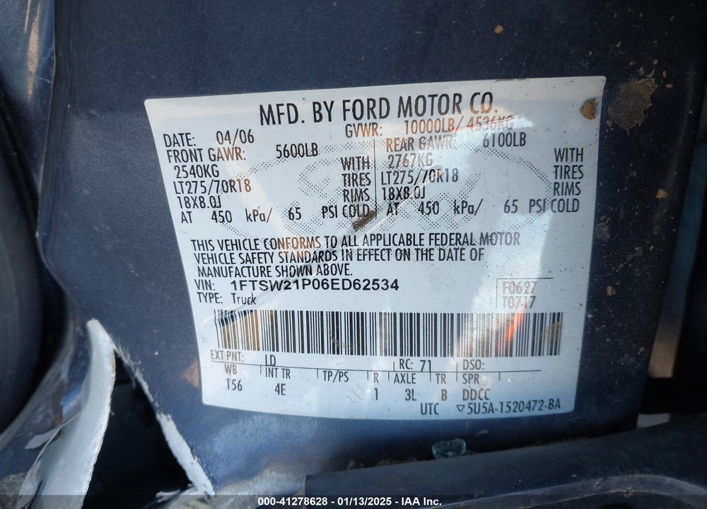 2006 FORD F250 VIN: 1FTSW21P06ED62534
