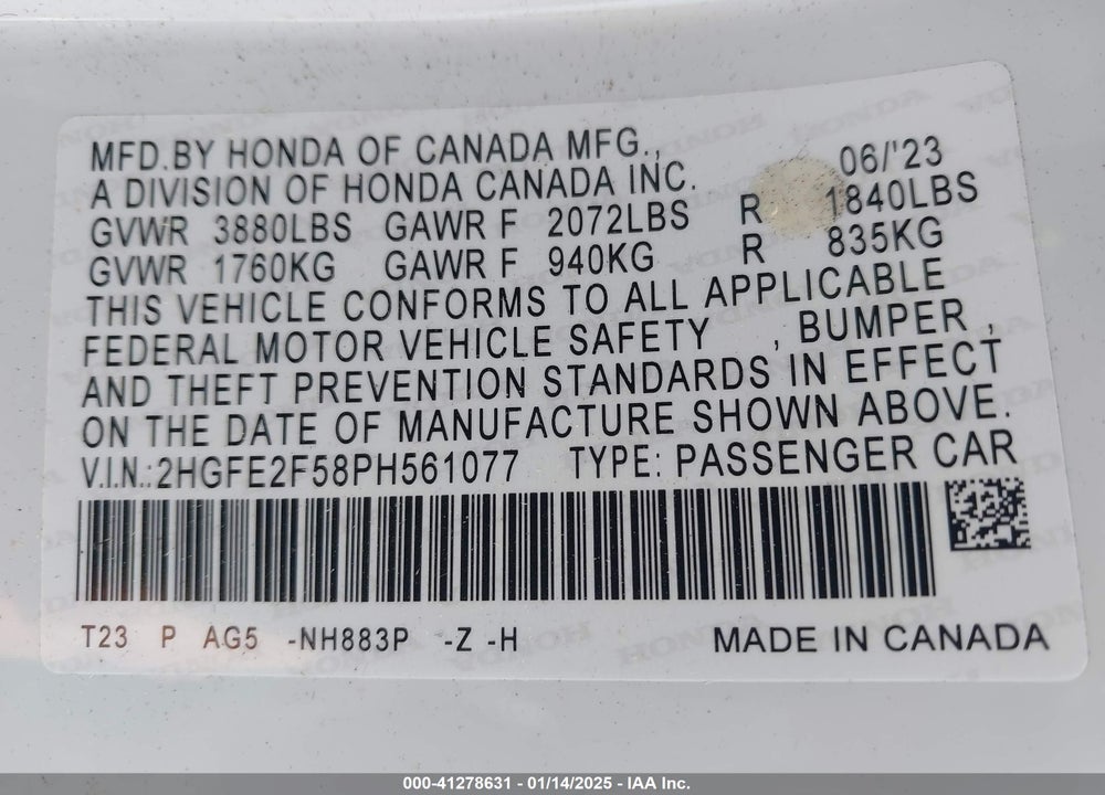 2023 HONDA CIVIC VIN: 2HGFE2F58PH561077