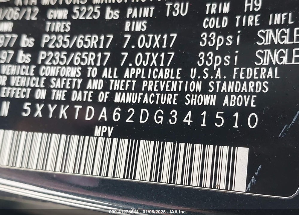2013 KIA SORENTO VIN: 5XYKTDA62DG341510