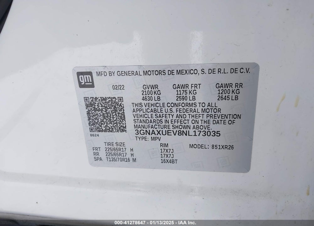 2022 CHEVROLET EQUINOX AWD LT VIN: 3GNAXUEV8NL173035