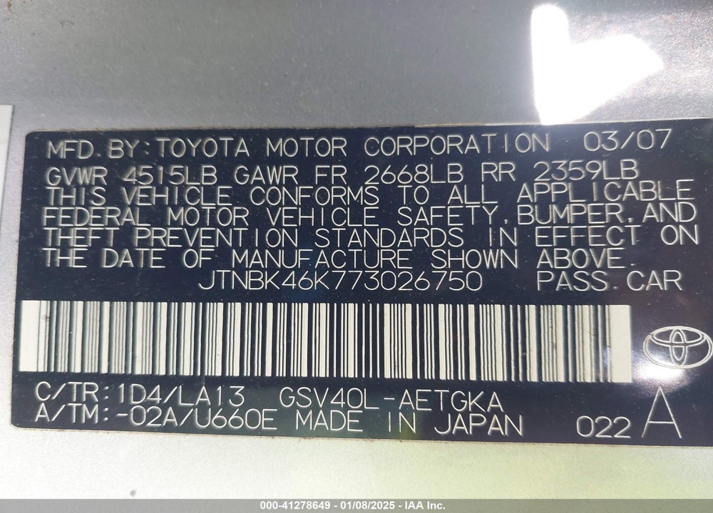 2007 TOYOTA CAMRY XLE V6 VIN: JTNBK46K773026750