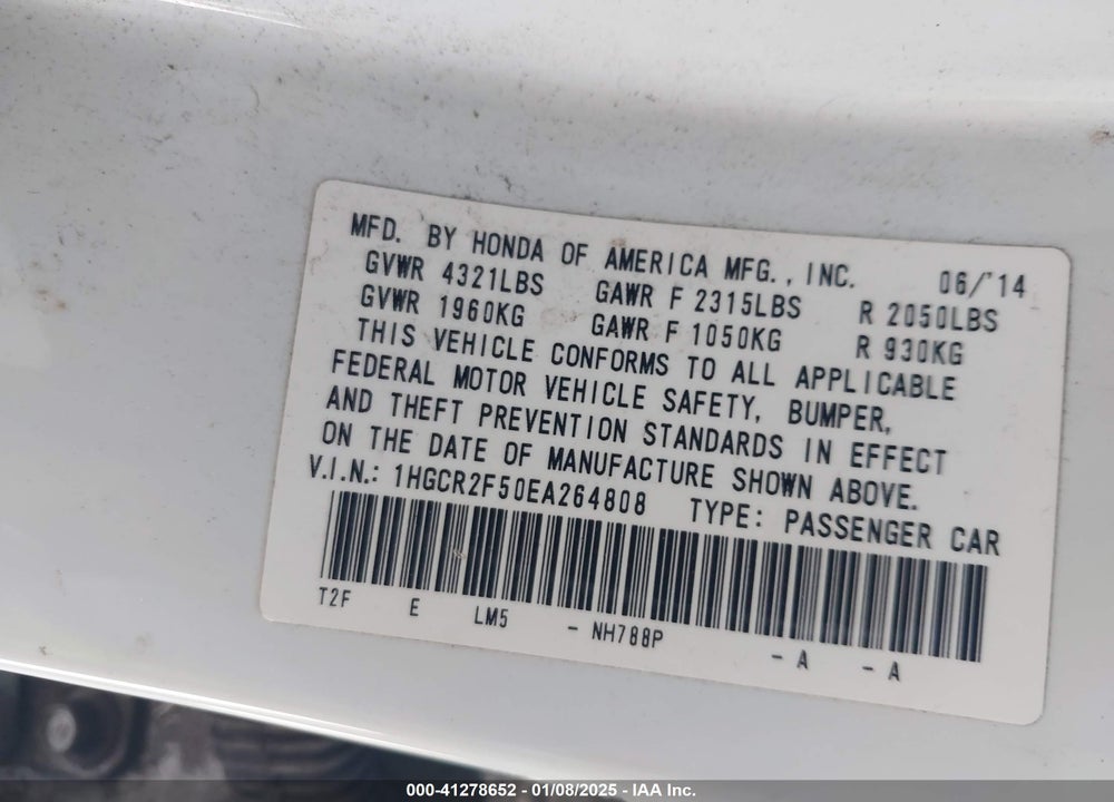 2014 HONDA ACCORD SPORT VIN: 1HGCR2F50EA264808