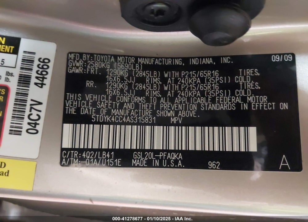 2010 TOYOTA SIENNA XLE VIN: 5TDYK4CC4AS315831