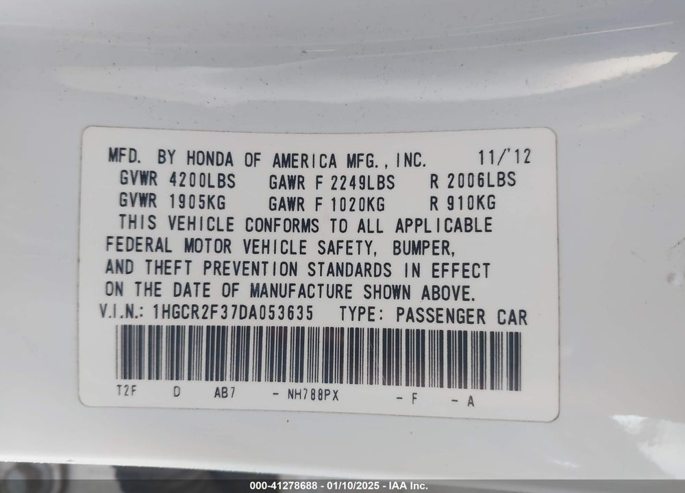 2013 HONDA ACCORD VIN: 1HGCR2F37DA053635