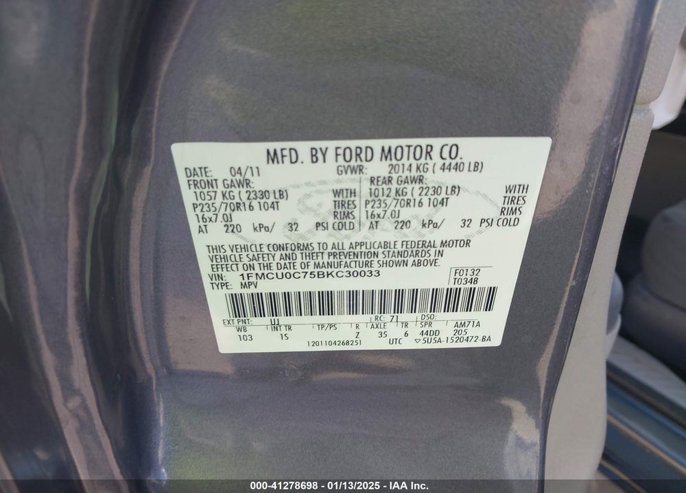 2011 FORD ESCAPE XLS VIN: 1FMCU0C75BKC30033