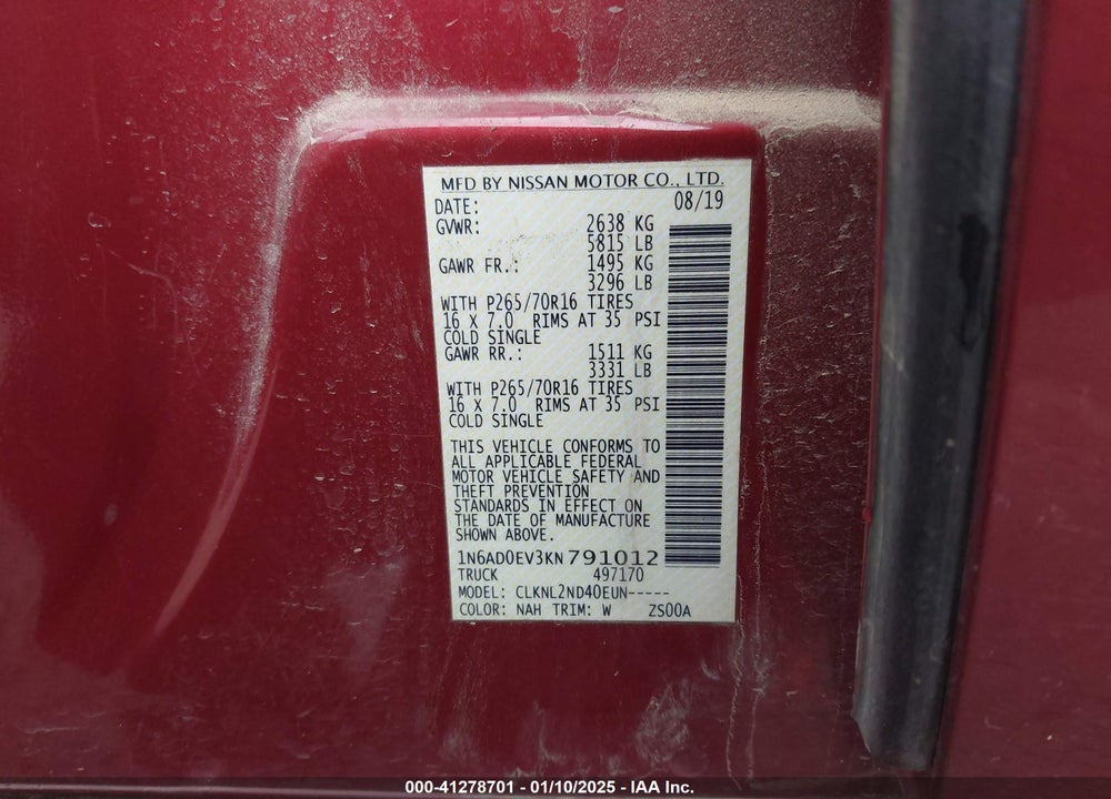 2019 NISSAN FRONTIER VIN: 1N6AD0EV3KN791012